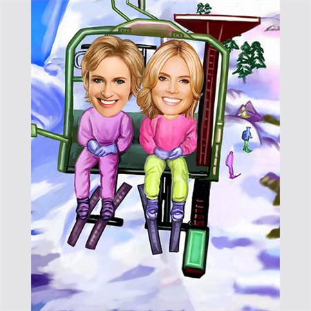 caricature of two girls in a Ski Lift, from photo,by myDaVinci - myDaVinci